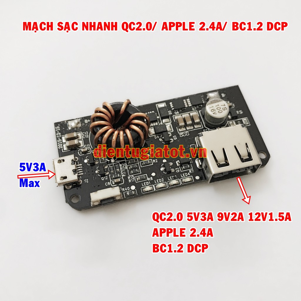 Mạch sạc dự phòng sạc nhanh QC2.0/ APPLE 2.4A/ BC1.2 DCP