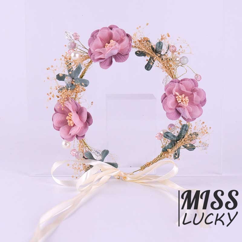 Vòng hoa vải trang trí ngọc trai giả phong cách bohemian cho cô dâu