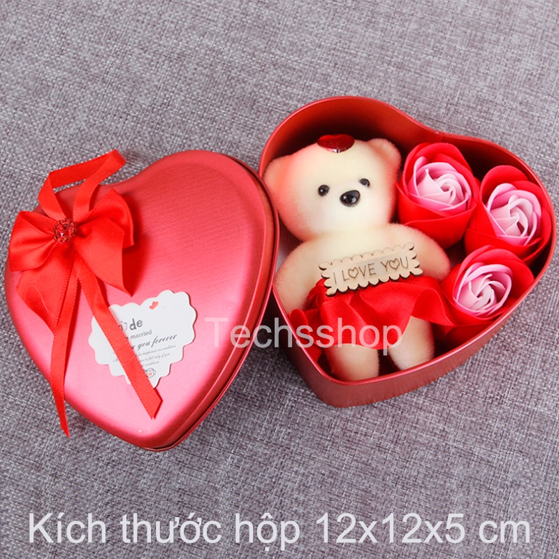 Hộp Quà Trái Tim 3 Bông Hoa Hồng Sáp Và Gấu - Quà Tặng Lễ Tình Nhân Valentine 14/2 - Quà Tặng Sinh Nhật