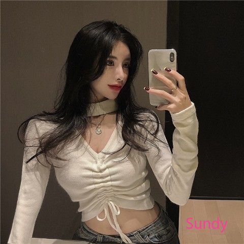 Áo croptop tay dài cổ chữ V thiết kế rút dây quyến rũ cho nữ
