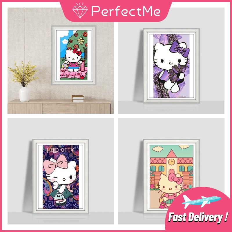 Bộ tranh đính đá 5D họa tiết hoạt hình Hello Kitty độc đáo kích thước 30x40 DIY dùng trang trí nhà cửa