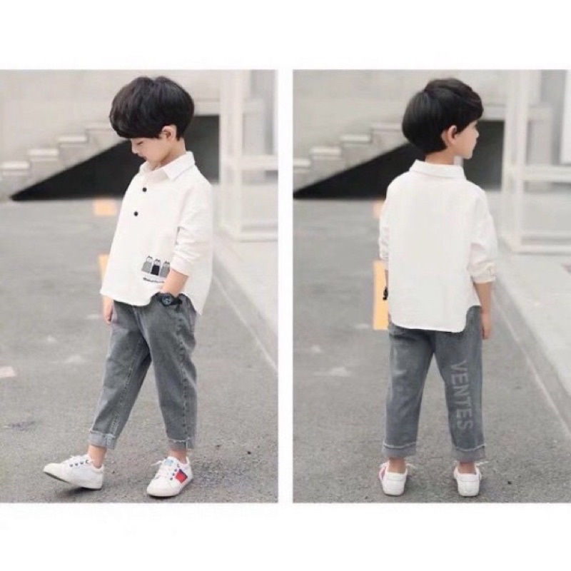 Xả Set áo sơ mi đũi cổ bẻ kèm quần jean cho bé trai