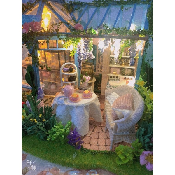 (Tặng keo sữa,đèn)Mô hình đô chơi nhà búp bê bé tự lắp ráp quán hoa trà bánh diy doll house A068