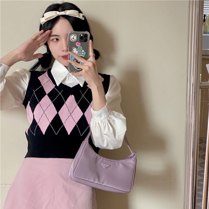 Áo len không tay cổ chữ V đính đá phong cách Hàn Quốc