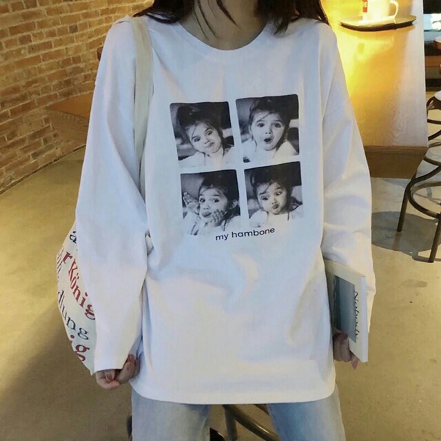 Áo thun tay dài dáng rộng in trắng đen hambone | BigBuy360 - bigbuy360.vn