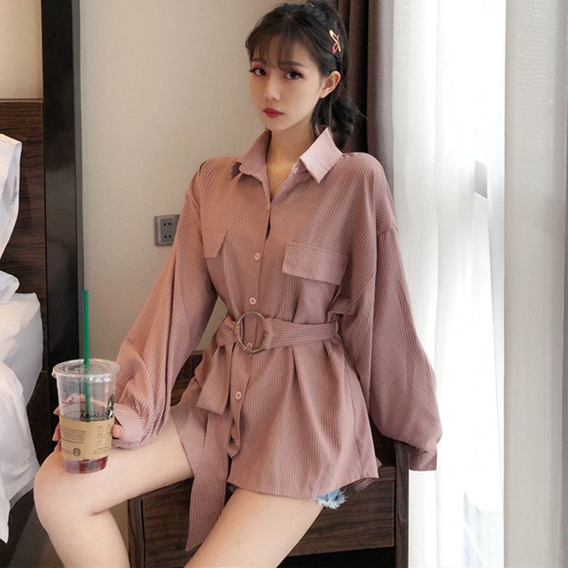 Áo sơ mi sọc form dài kèm thắt lưng