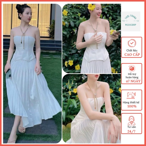 Set Áo Cúp ngực kèm Chân váy xếp ly dài sang trọng tiểu thư [Kèm ảnh thật trải sàn]