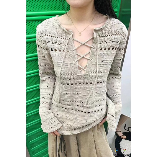 Áo Dệt Kim Tay Dài Cổ Tròn Thắt Dây Chéo Màu Trơn Phong Cách Vintage Dành Cho Nữ Linglongxi2-Y2K