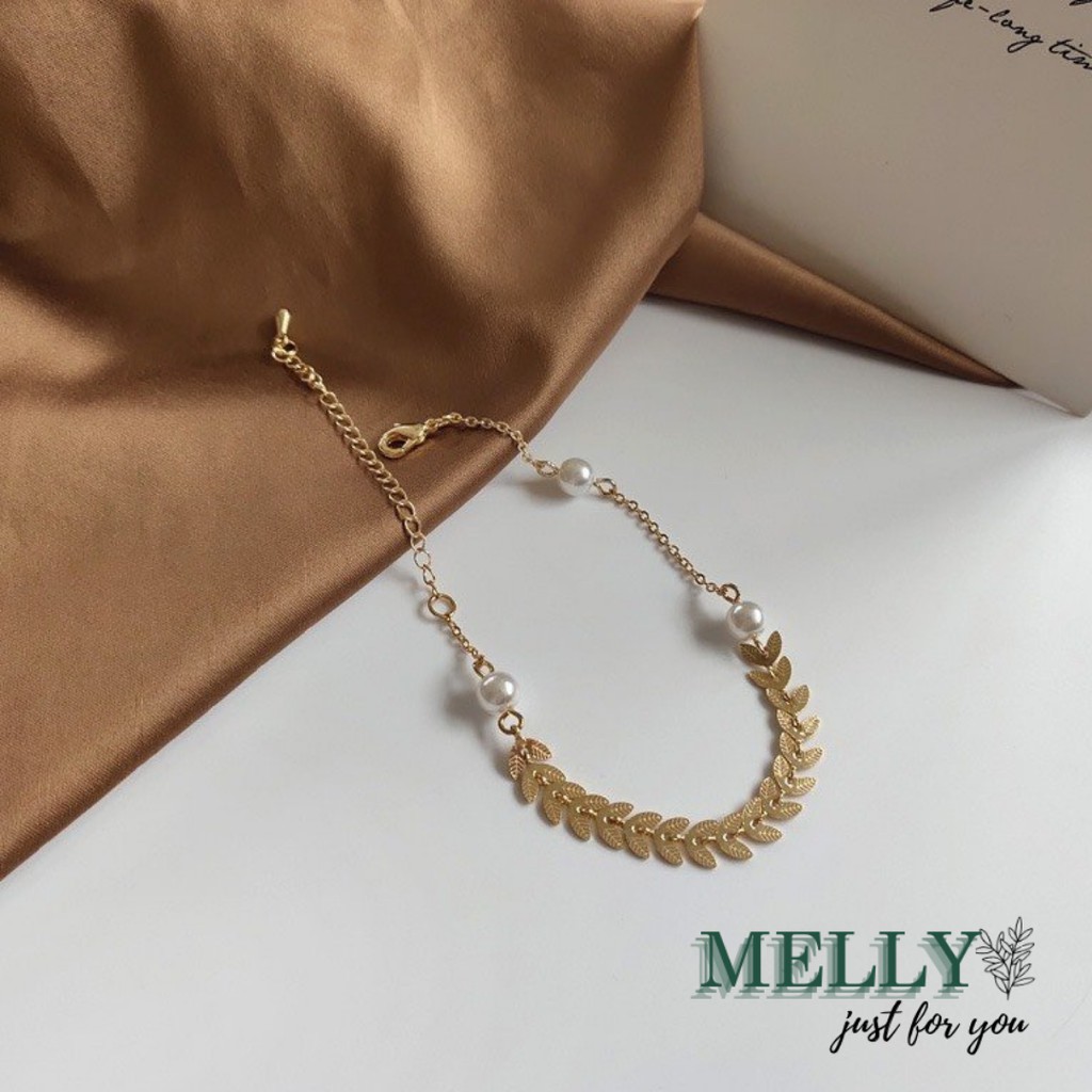 (KHÔNG HOEN GỈ) Vòng tay nữ titan HAI LÁ DẸT mix ngọc trai nhân tạo Gold Melyy.accessories