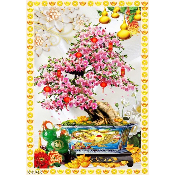 TRANH DÁN TƯỜNG 3D CHẬU BONSAI CÂY ĐÀO 523BS - TRANH CHẬU HOA CHƯNG TẾT