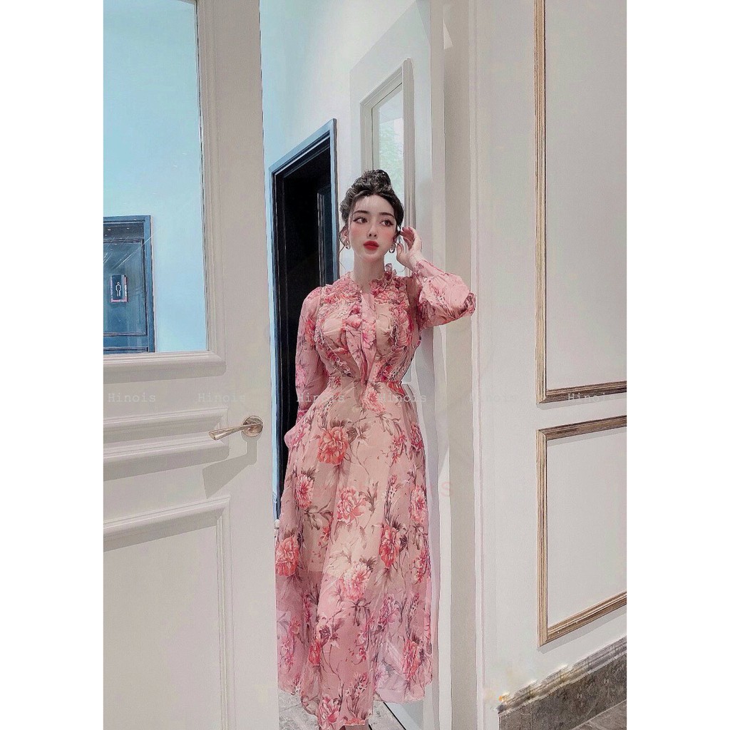 [HINOIS237] Đầm Maxi Hoa Tay Dài, Cổ Thắt Nơ Cách Điệu, Style Bánh Bèo Tiểu Thư, Chất Liệu Voan Tơ Cao Cấp- KÈM ẢNH THẬT