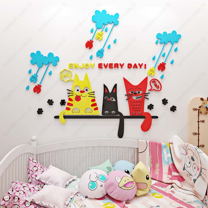 Tranh dán tường mica 3d decor khổ lớn mèo lười trong ngày mưa trang trí mầm non, phòng cho bé Nhiều Size - EPeBen
