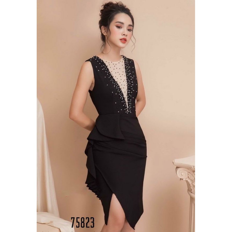 Váy đầm ôm body dự tiệc xẻ tà ép đá phối bèo bigsize, mẫu váy đầm ôm sát body hàn quốc sang chảnh cực xinh