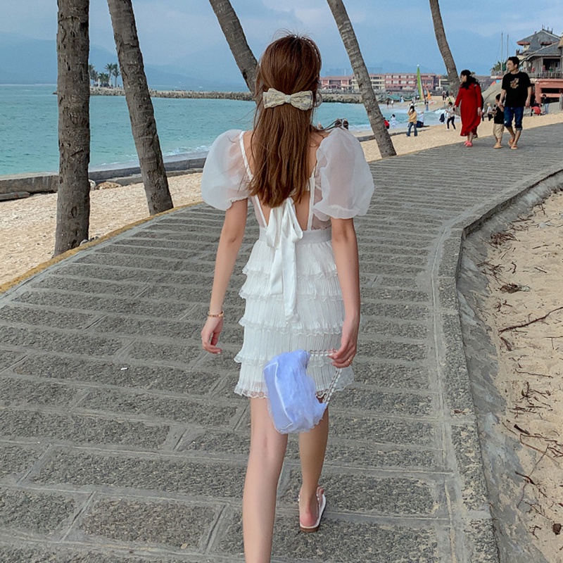 IELGYĐầm Ngắn Dáng Ôm Hở Lưng Phối Lưới Màu Trắng Thời Trang Cho Nữ