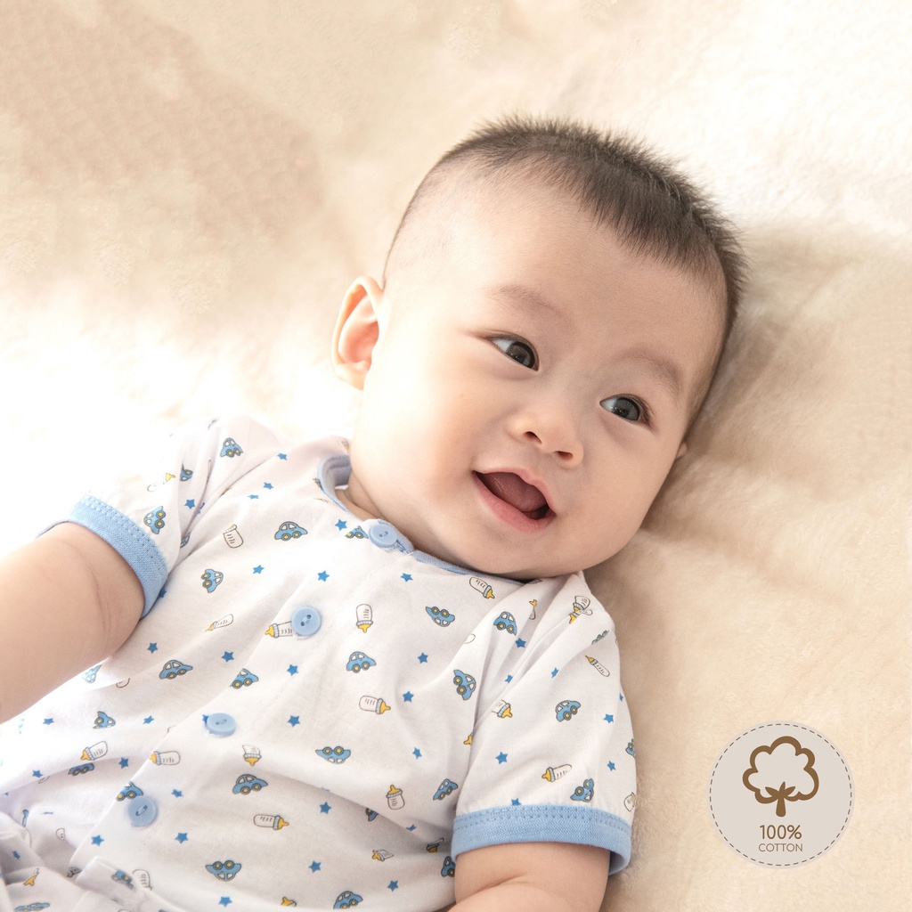 Bộ Sơ Sinh Cài Giữa Cộc Tay MIOMIO, Họa Tiết Xe Nôi, Dành Cho Bé Trai Bé Gái (từ 0-12 tháng), 100% Cotton