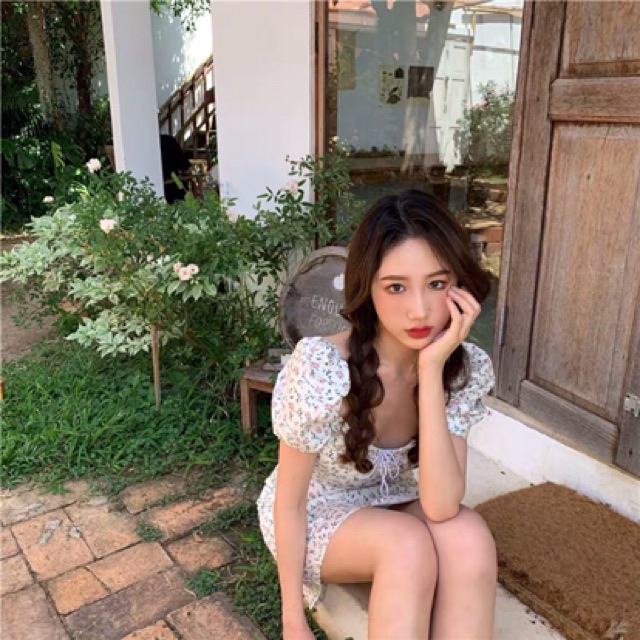 Váy hoa nhí body tay bồng / Đầm vintage body