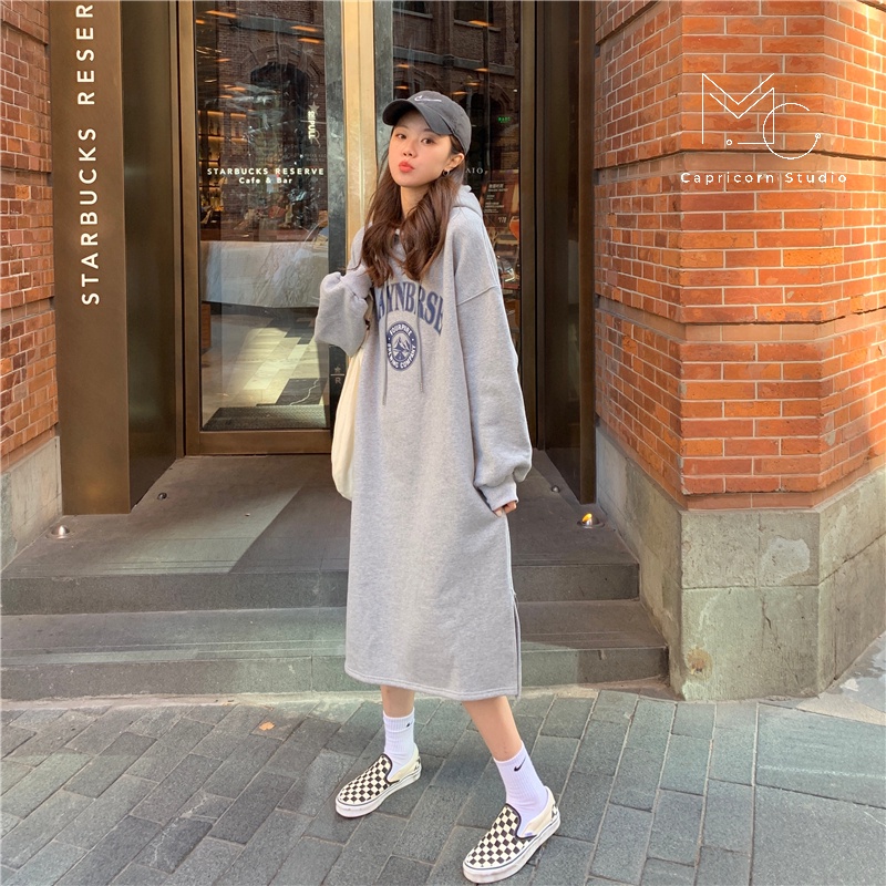 Váy/ Đầm oversize dáng hoodie có mũ trùm đầu dày dặn cho mùa đông ấm áp