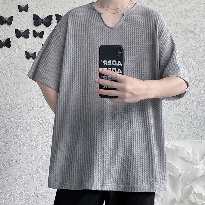 Áo Thun Dệt Kim Tay Ngắn Cổ Chữ U Màu Sắc Trơn Thời Trang Mùa Hè Cho Nam