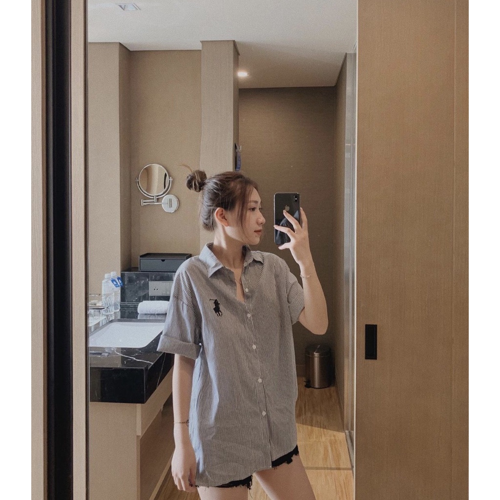 Áo sơ mi kẻ sọc thêu logo ngựa ngắn tay