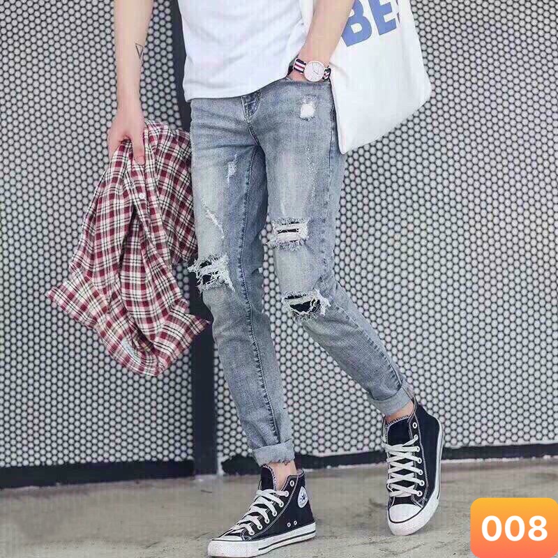 Quần jeans nam màu xanh nhạt trơn rách gối chất liệu bò jean cao cấp co dãn 4 chiều đẹp form rin skinny LAVADO008