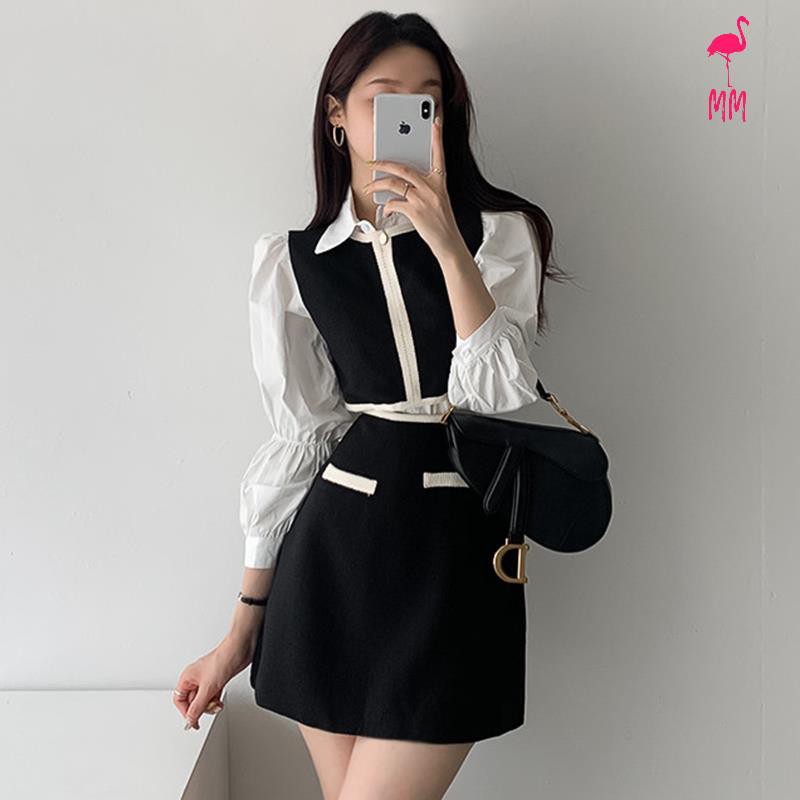 Set Áo Sơ Mi Phối Ghi Lê + Chân Váy Lưng Cao Thời Trang Hàn Cho Nữ | BigBuy360 - bigbuy360.vn