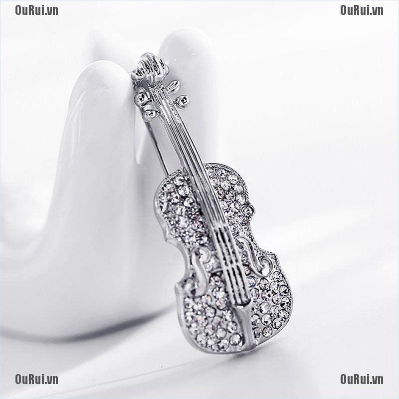 {FCC}Trâm cài hình cây đàn violin mạ vàng bạc đính đá thời trang{OuRui.vn}