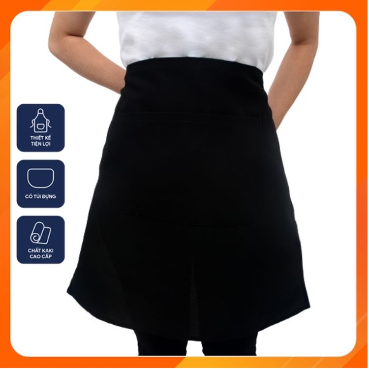 Tạp dề ngắn màu đen trơn chất đẹp - Vải kaki dày dặn, đứng dáng - Thiết kế túi lớn tiện dụng cho nhân viên phục vụ