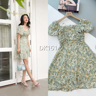 VÁY XÒE HOA XANH CỔ VUÔNG TAY BỒNG SIÊU HOT NỮ DK151