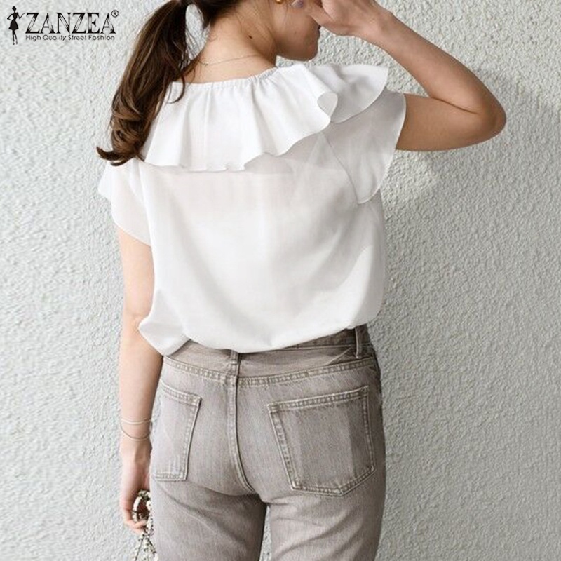 Áo kiểu ZANZEA ngắn tay cổ tròn màu trơn phối bèo thời trang cho nữ