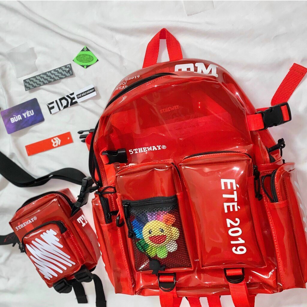 Balo 5TheWay Full Bóng Siêu Chất Có 2 Màu Đen Và Đỏ Nha Khách,Chất Nhựa Trong Bóng Mềm