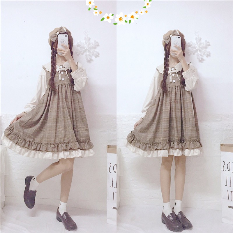 Đầm baby doll lolita tay dài cổ áo búp bê váy xòe ulzzang (2 màu )