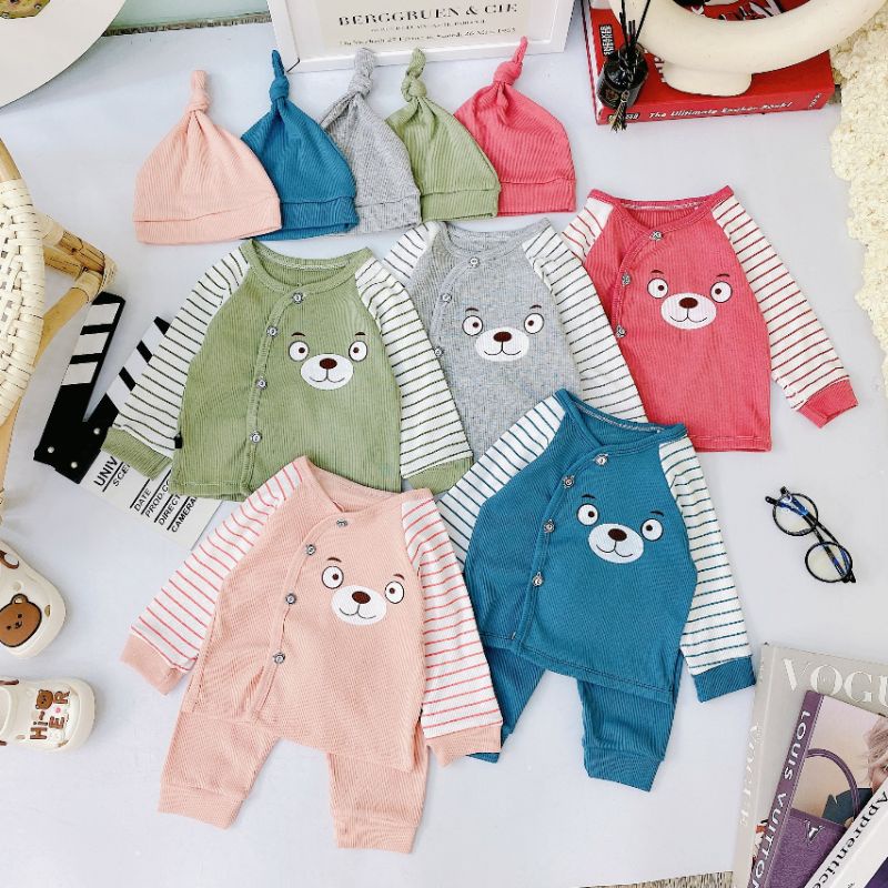 [ TẶNG MŨ ] Bộ quần áo sơ sinh ba chi tiết, chất len tăm cho bé trai, bé gái 3-10kg