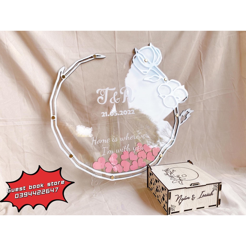 Hộp Thả Tim Cưới  Hình Tròn Trong Suốt Viền Hoa Hồng Kèm Ảnh Thật| Thao Wedding Guestbook