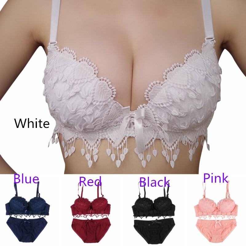 Set áo ngực có mút lót họa tiết trái tim + quần lót phối nơ quyến rũ cho nữ