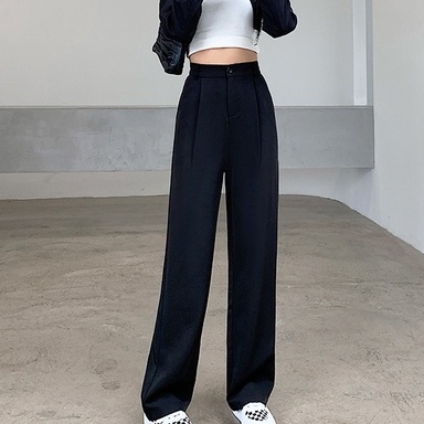 Quần ống rộng suông lưng cao khóa trước 1 khuy chất tuyết mưa quần culottes ống xuông cạp cao cho nữ màu đen