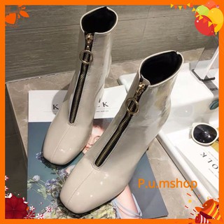 Bốt da bóng mềm cổ lửng khoá zip khoen tròn trước, gót vuông 7cm