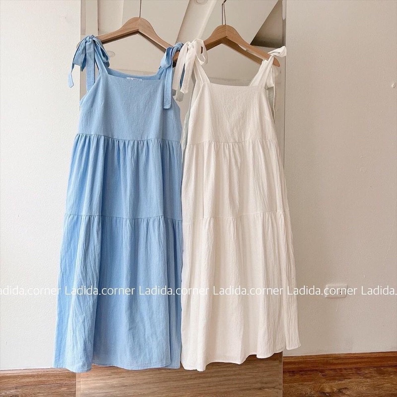 [Ảnh thật/Video]Váy Hai Dây Bản To Buộc Vai Chất Thô Lụa Mát From Rộng