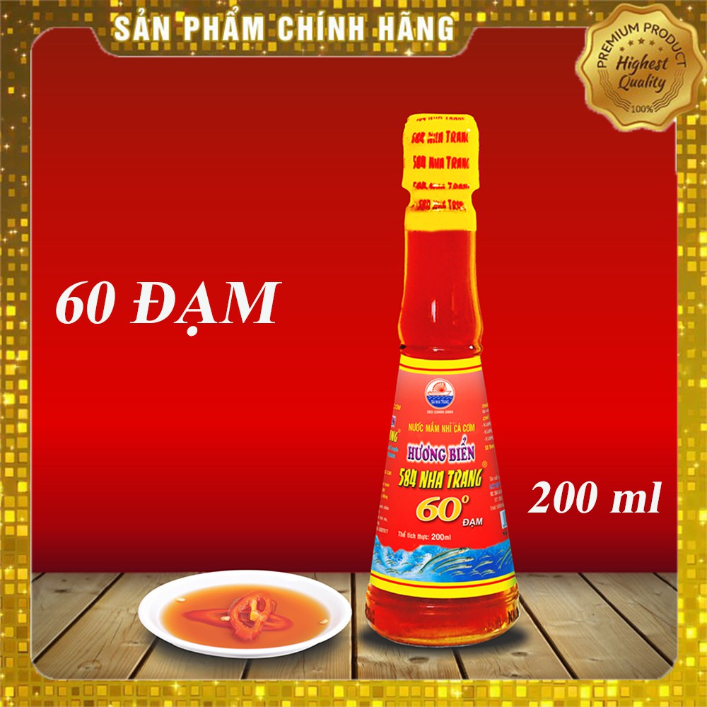 Nước mắm Cá Cơm 60 ĐỘ ĐẠM, 584 Nha Trang, Chai thủy tinh 200ml, Date luôn mới