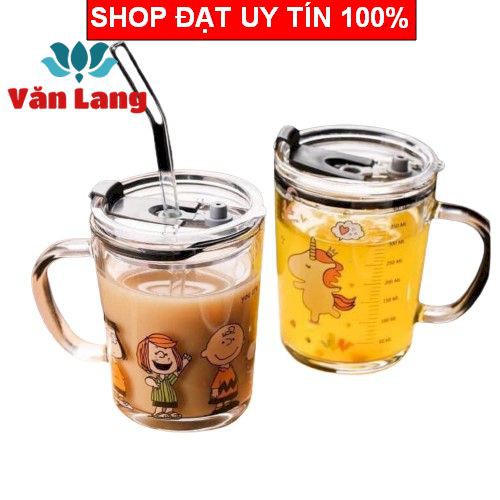 (Loại đẹp) Cốc thuỷ tinh 3in1 400ml có nắp đậy chống tràn, cốc pha sữa cho bé có chia vạch