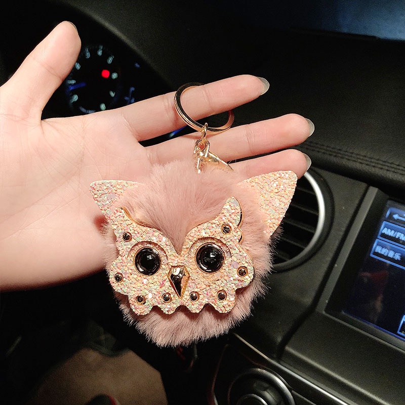 Móc Khóa Hình Chim Cú Gắn Bóng Lông Dễ Thương