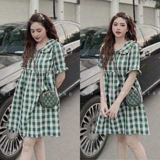 Đầm babydoll caro cổ bèo