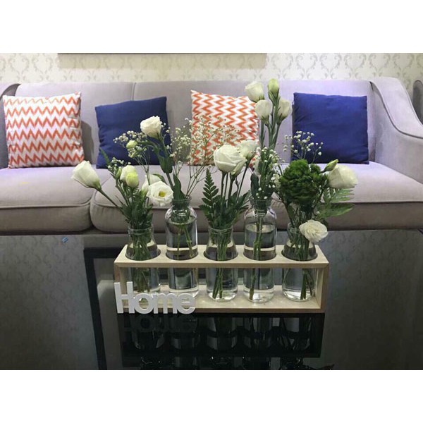 Set 5 lọ thủy tinh cắm hoa kèm giá gỗ