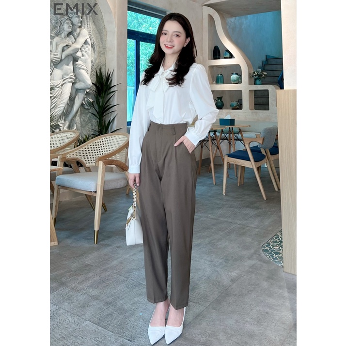 Quần baggy cạp liền kèm beggi EMIX (4 màu), basic, dáng dài, cạp cao, form vừa, triết eo, chất ruby 561