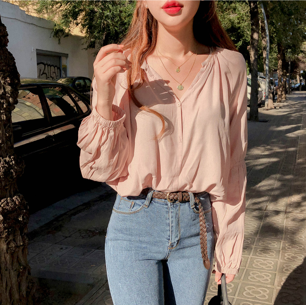 SUXI NEW Áo Kiểu Tay Dài Màu Trơn Thiết Kế Cổ Chữ V Thanh Lịch