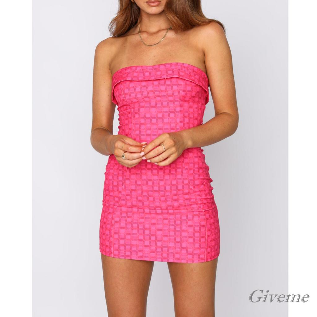 Givenme Đầm Ống Hở Vai Dáng Ôm In Họa Tiết Lá / Kẻ Ô Có Khóa Kéo Sau Lưng Phong Cách Đường Phố Mùa Hè Dành Cho Bạn Nữ