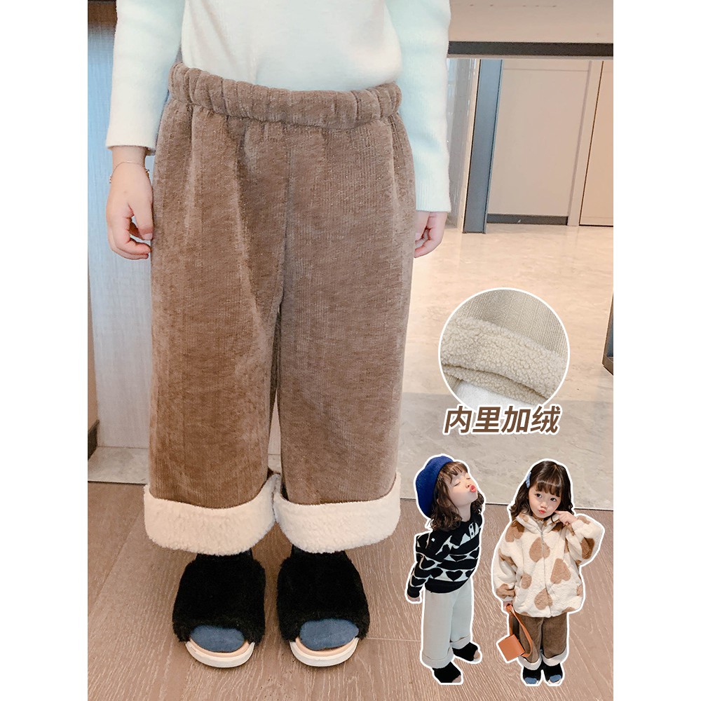 Quần dài ống rộng vải nhung dày co giãn phong cách mùa đông cho bé gái 1-6 tuổi