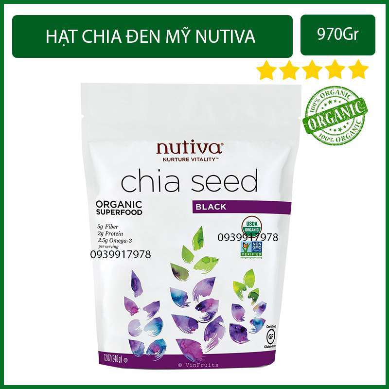 【Hạt Chia Đen Organic Nutiva】Mỹ 907G Hàng Mới Nhất Date MỚI VỀ