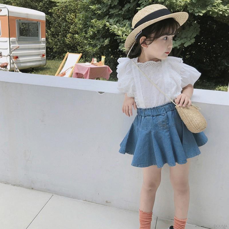 Set Áo Tay Ngắn Phối Bèo + Chân Váy Jean Xinh Xắn Cho Bé Gái