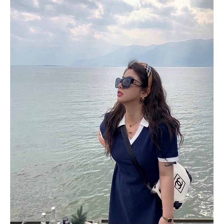 Đầm Polo Cổ V Dáng Dài Cộc Tay MEI YING OFFICIAL. Váy Công Sở Cổ Đức Dáng Dài Thiết Kế Chiết Eo Hàng Quảng Châu