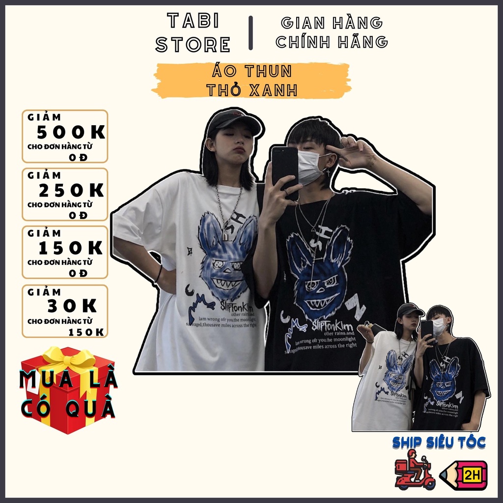 Áo thun tay lỡ dáng rộng unisex dưới 75kg - Thỏ xanh